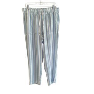 Linen Blend M Striped Pants Blue Pull-On Elastic Waist Pockets Boho Beachy